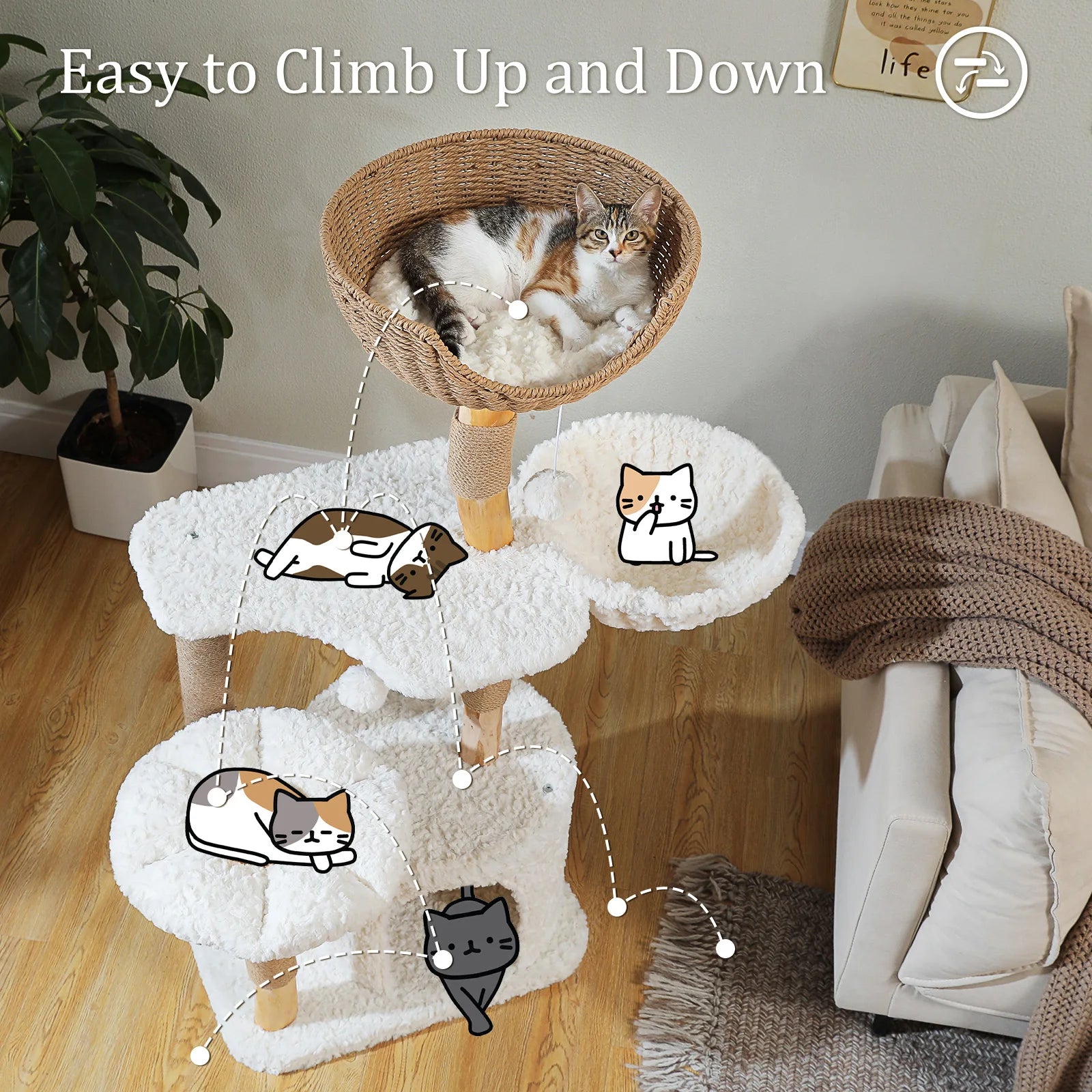 Modern White Cat Tree Tower (Flower Bed + Hammock + Condo) – 123cm