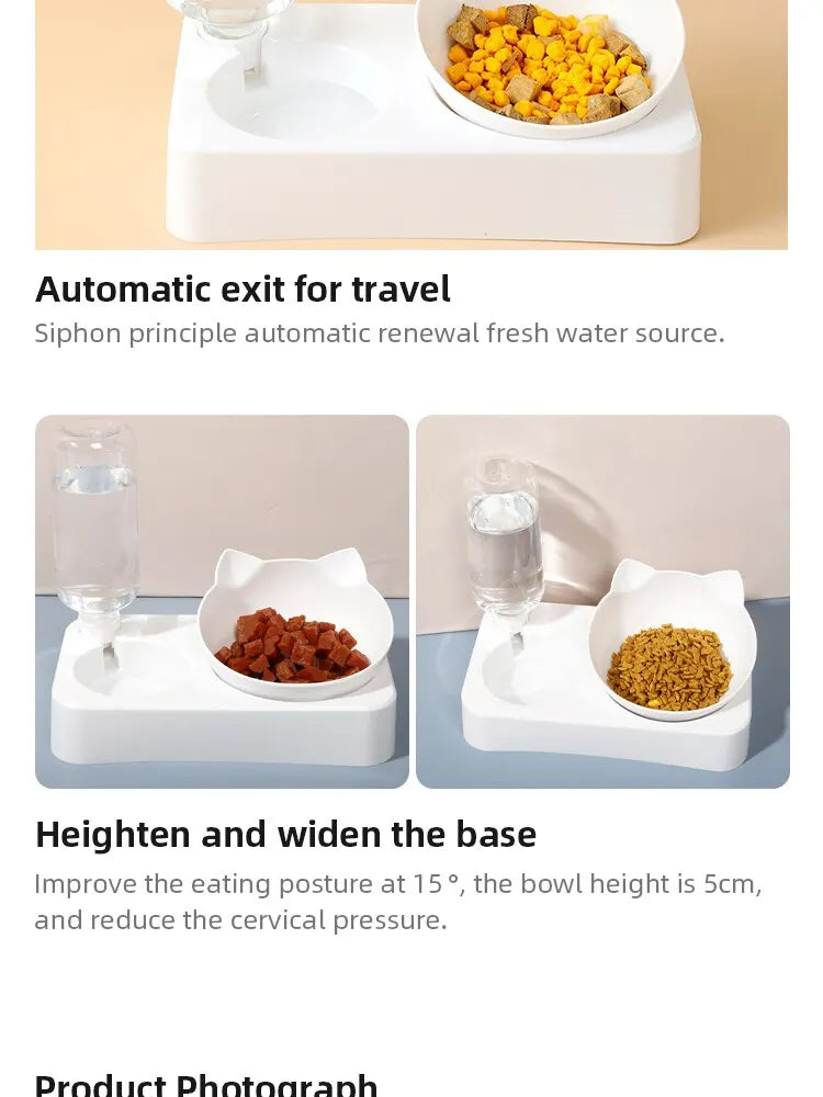 Ergonomic Tilted Cat Food & Water Bowl with Gravity Water Dispenser