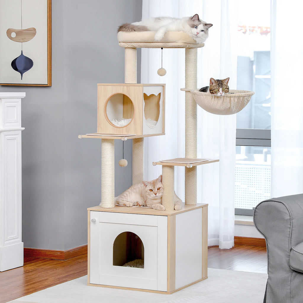 Multi-Level Wooden Cat Tree Tower with Condo, Hammock & Scratching Posts