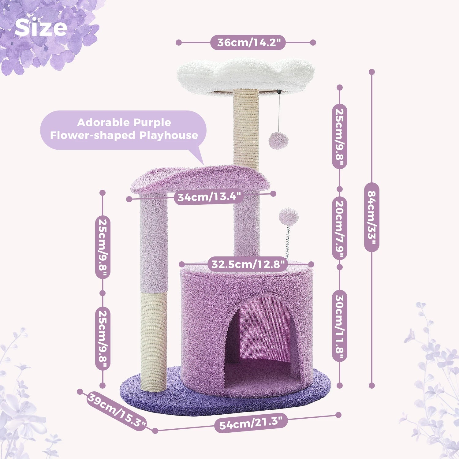 Flower Cat Tree Tower (84cm) – Condo, Sisal Scratching Posts, Plush Perches & Hanging Balls