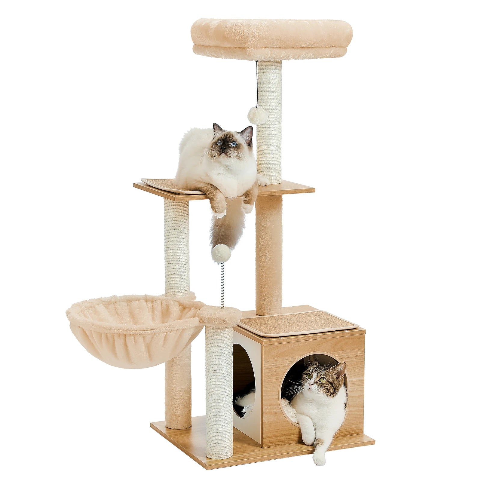 Modern Wooden Cat Tree with Condo, Hammock & Scratching Posts for Indoor Cats