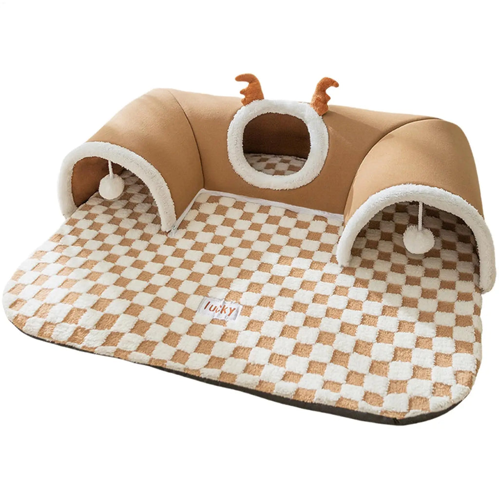 Cozy Cat Tunnel Bed (Corner-Fit) – Warm U-Shaped Hideout w/ Peek Holes & Hanging Balls, Removable Reversible Mat