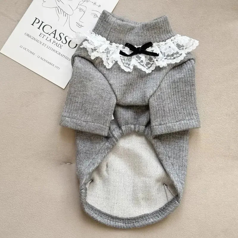 Lace Collar Knit Dog Sweater (Elegant High-Neck Cotton Winter Top) 🤍🐾