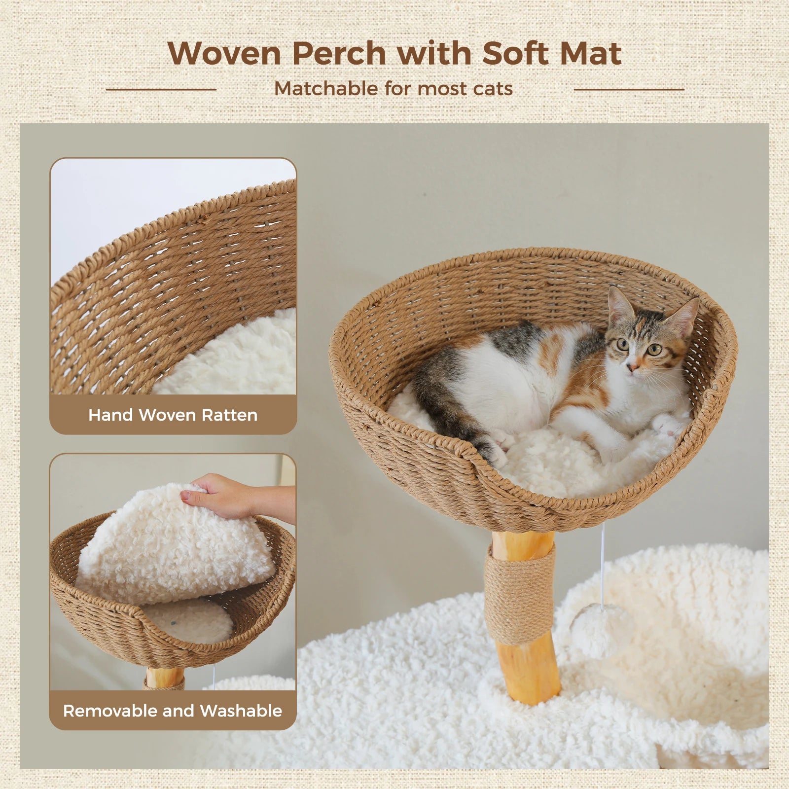 Modern White Cat Tree Tower (Flower Bed + Hammock + Condo) – 123cm