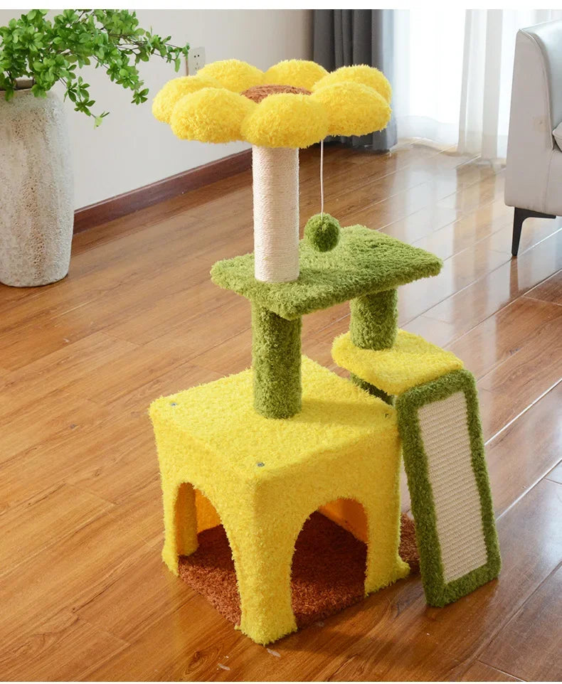 Sunflower Cat Tree Tower – Plush Velvet Cat Condo, Cozy Nest, Scratch Post & Flower Perch