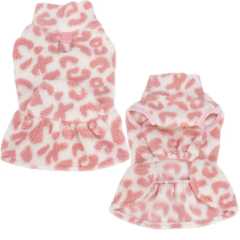 Leopard Winter Fleece Dog Dress Pullover (XS–XL)