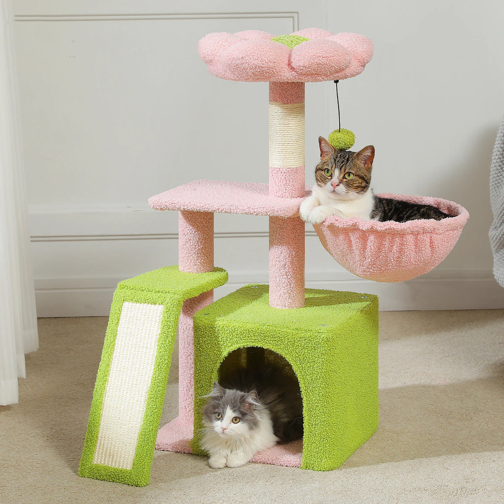 Small Cat Tree Tower with Sisal Scratching Ramp, Condo, Hammock & Top Perch