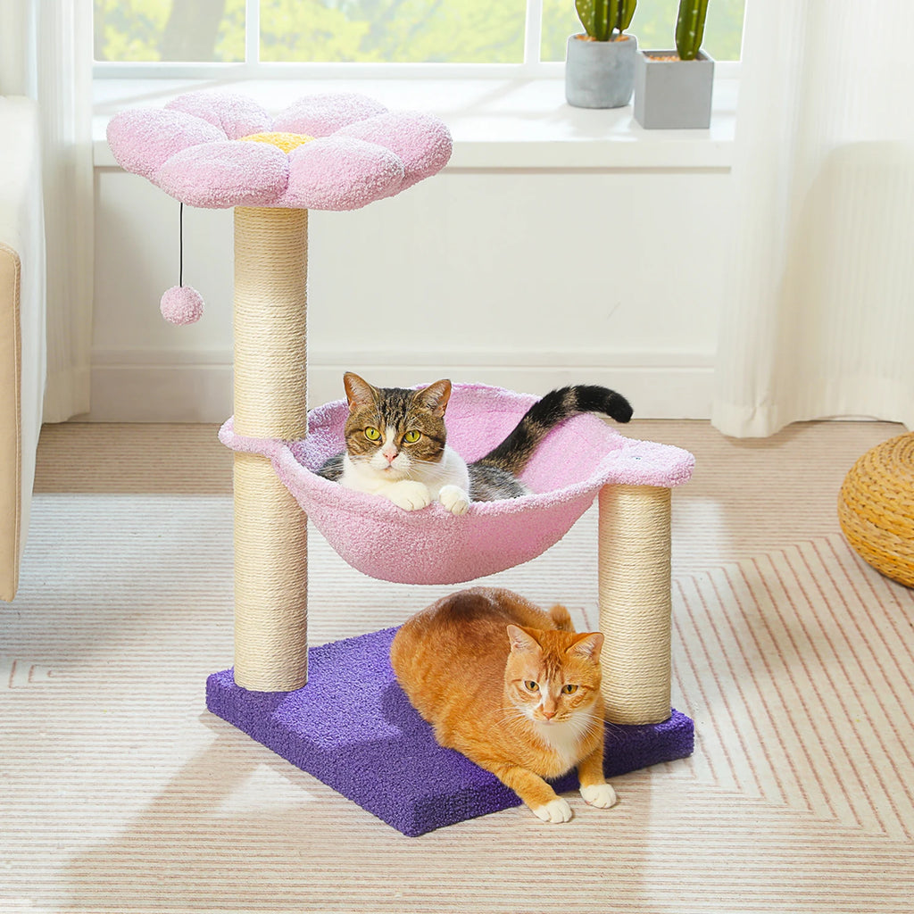 Flower Cat Tree with Sisal Scratching Posts & Large Hammock – Compact Indoor Cat Tower with Soft Top Perch for Kittens