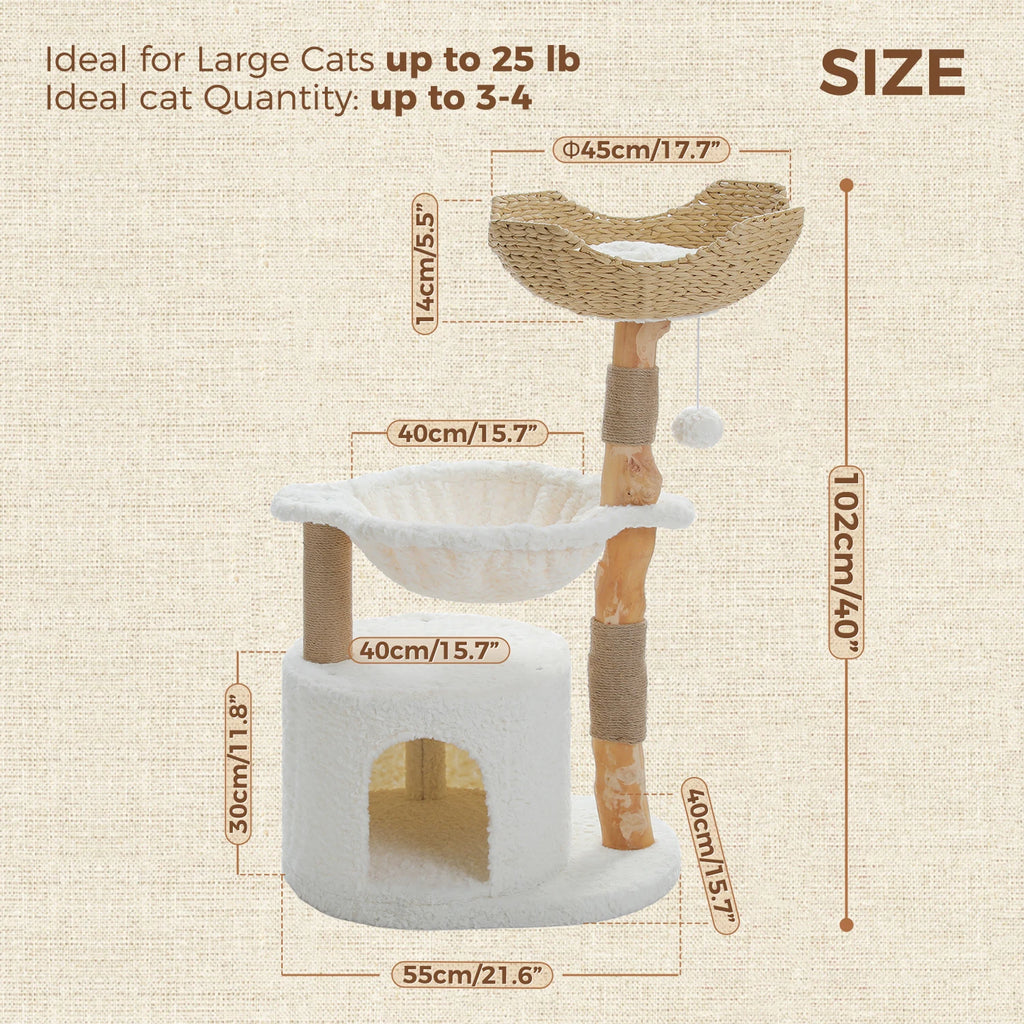 Modern Natural Wood Cat Tree with Wicker Basket & Deep Hammock – Luxury Indoor Cat Tower with Spacious Condo