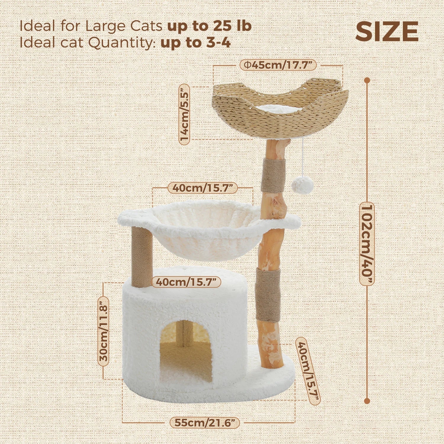 Modern Natural Wood Cat Tree with Wicker Basket & Deep Hammock – Luxury Indoor Cat Tower with Spacious Condo