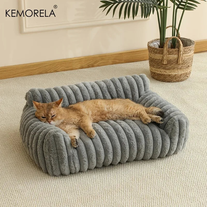EMORELA Striped Cat Sofa Bed – Breathable Cozy Lounger for Indoor Cats, Soft Raised-Sides Pet Bed for All Seasons (Small–Medium Cats)