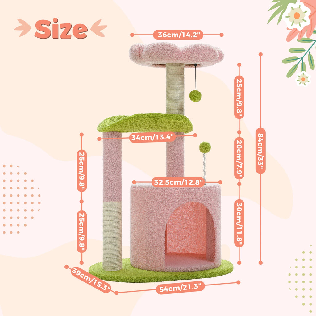 Flower Cat Tree Tower (84cm) – Condo, Sisal Scratching Posts, Plush Perches & Hanging Balls