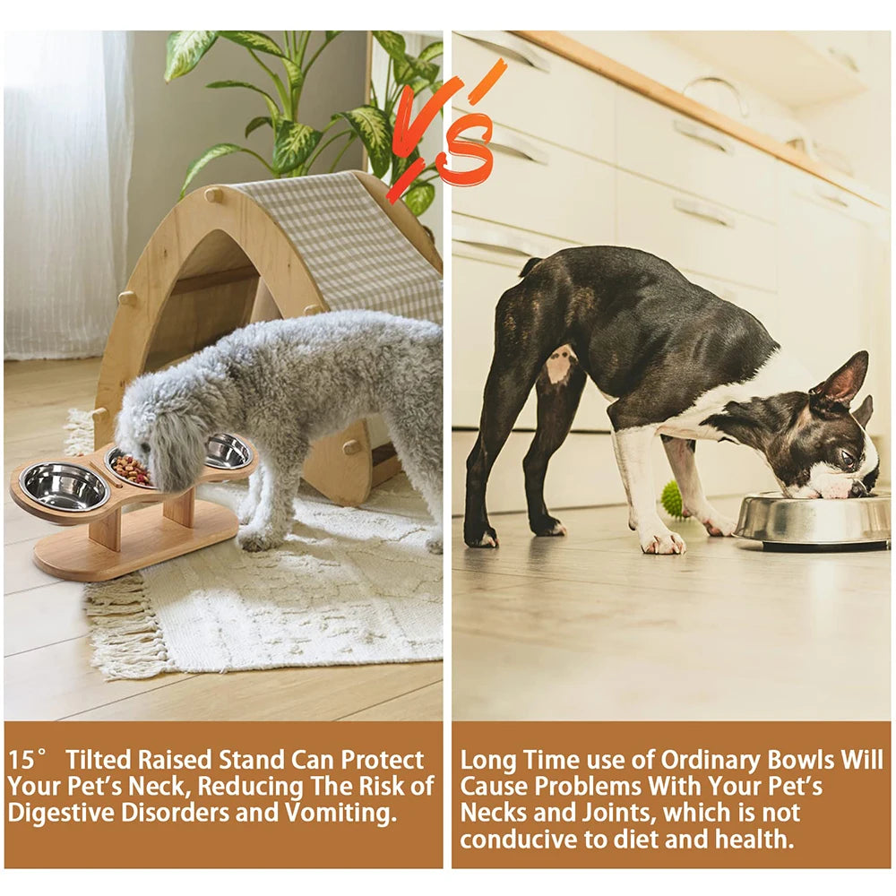 15° Tilted Raised Triple Cat Feeder with Stainless Steel Bowls & Wooden Stand