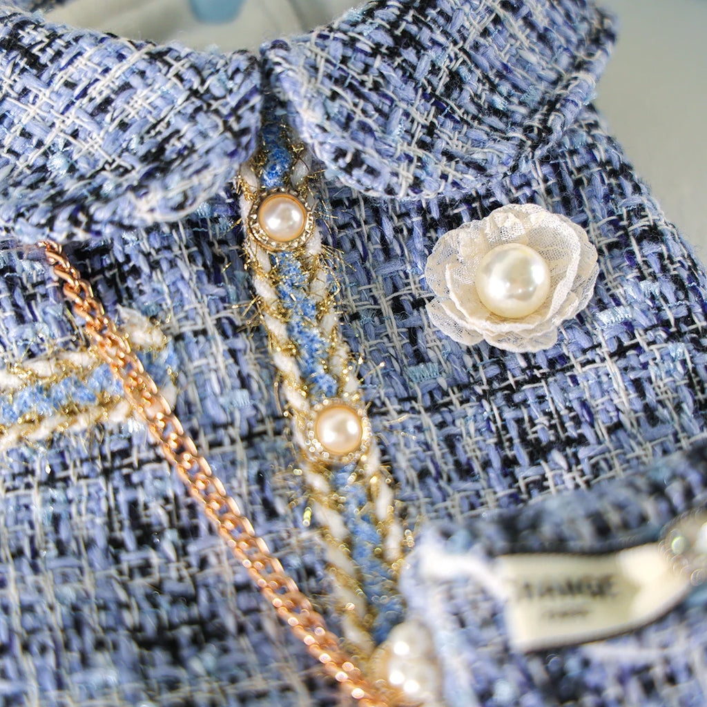 Blue Tweed Pet Dress with Mini Backpack