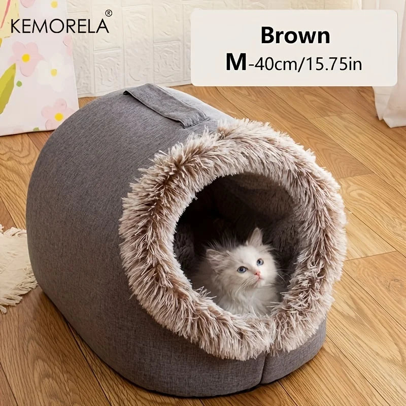 KEMORELA Winter Cat Bed – Self-Warming Cozy Cave House for Indoor Cats & Small Pets, Soft Plush Kennel Hut with Non-Slip Base