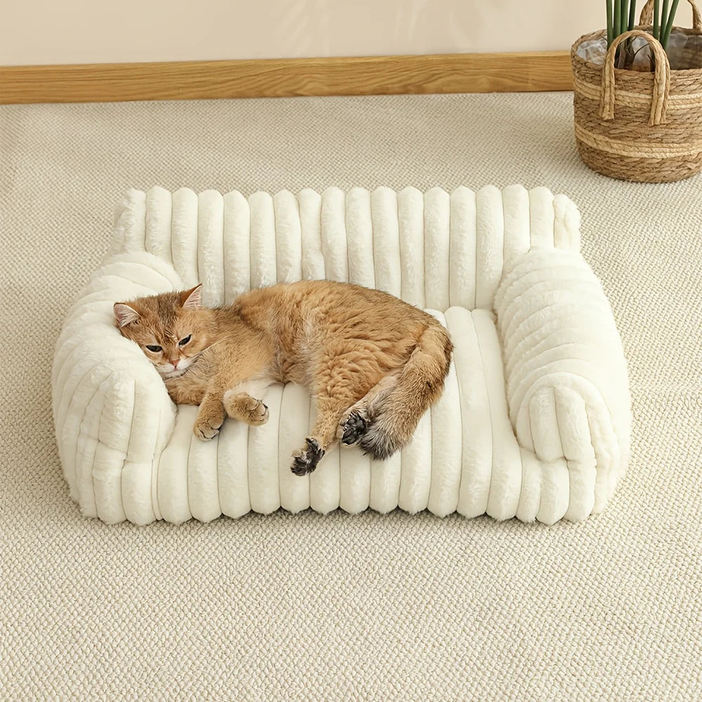 EMORELA Striped Cat Sofa Bed – Breathable Cozy Lounger for Indoor Cats, Soft Raised-Sides Pet Bed for All Seasons (Small–Medium Cats)
