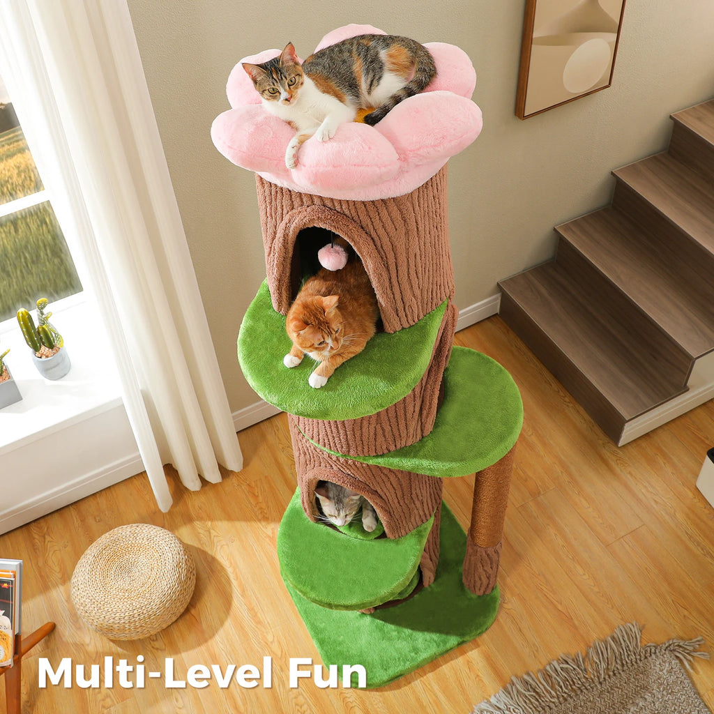 Forest Cat Tree Tower (4 Condos + Flower Top Bed + Thick Scratcher)