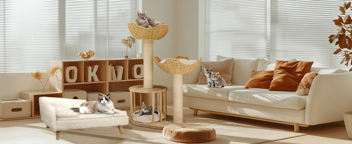 3-Tier Natural Wood Climbing & Rest Tower for Indoor Cats