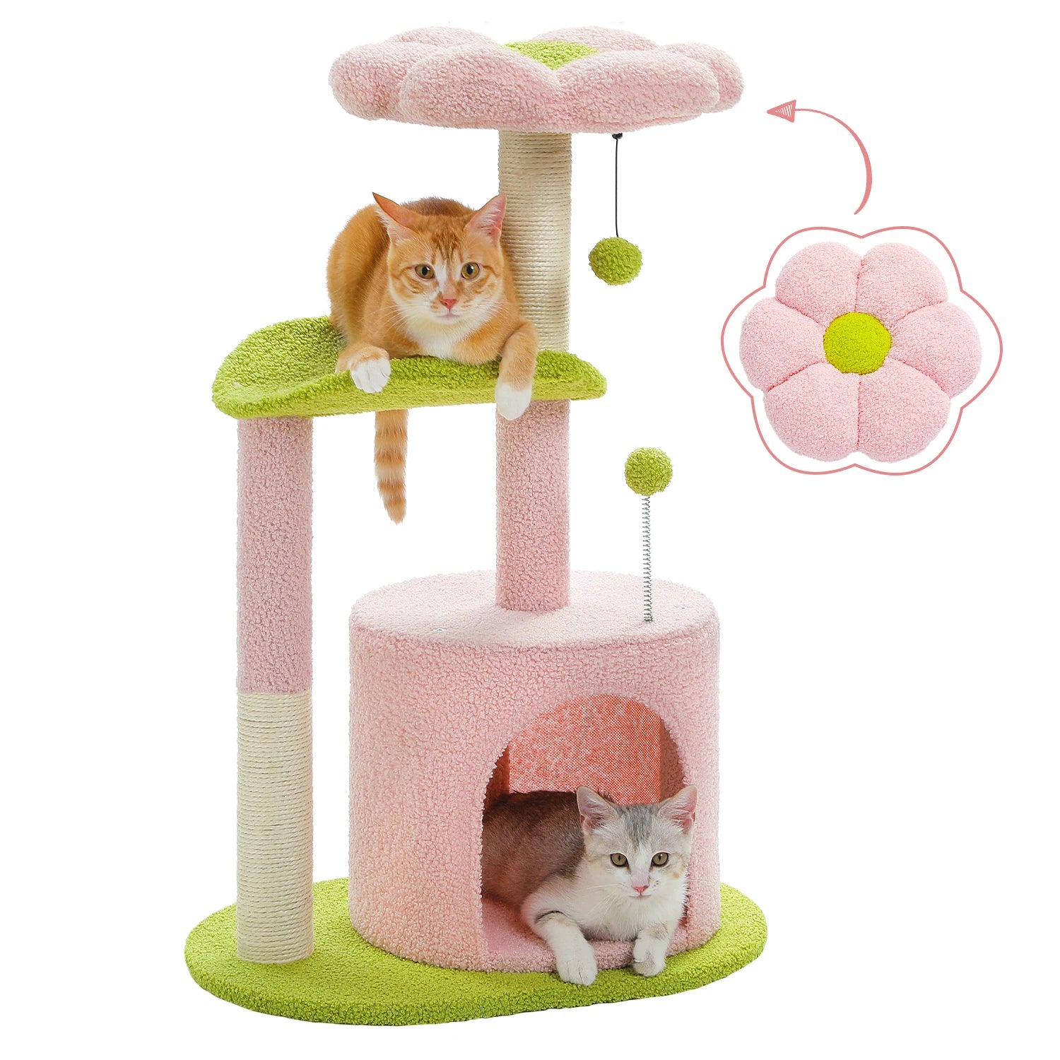 Flower Cat Tree Tower (84cm) – Condo, Sisal Scratching Posts, Plush Perches & Hanging Balls