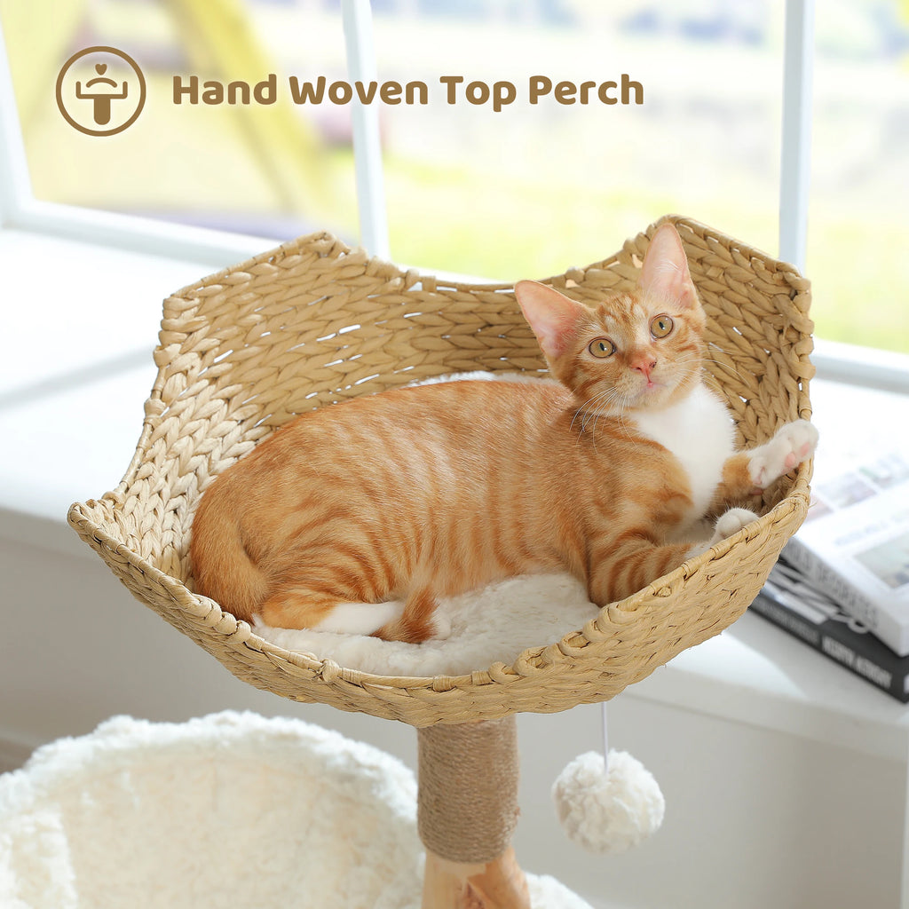 Modern Natural Wood Cat Tree with Wicker Basket & Deep Hammock – Luxury Indoor Cat Tower with Spacious Condo