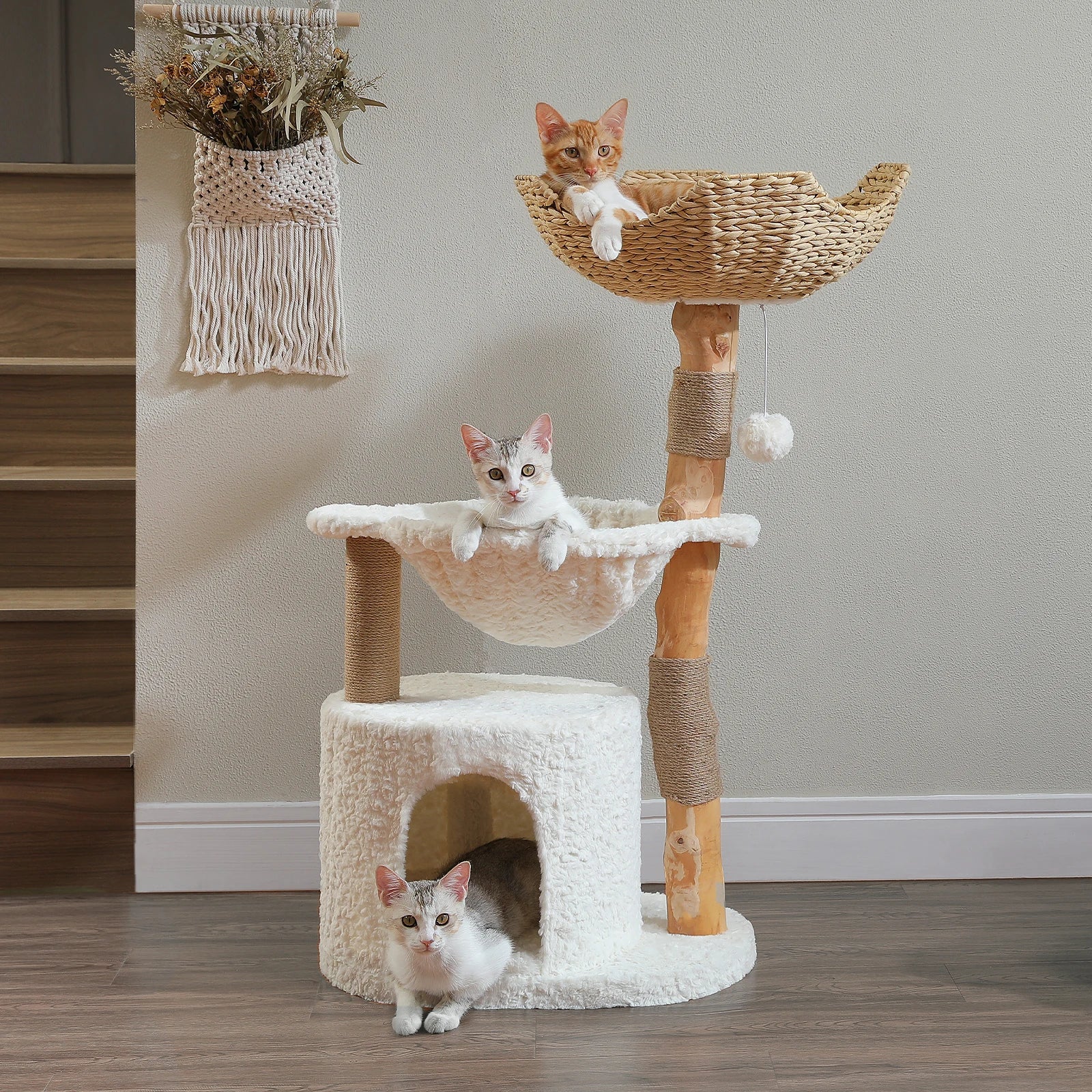 Modern Natural Wood Cat Tree with Wicker Basket & Deep Hammock – Luxury Indoor Cat Tower with Spacious Condo