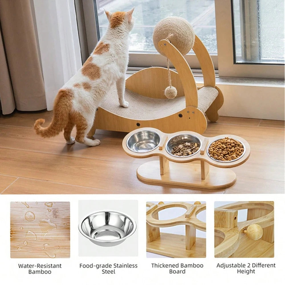 15° Tilted Raised Triple Cat Feeder with Stainless Steel Bowls & Wooden Stand