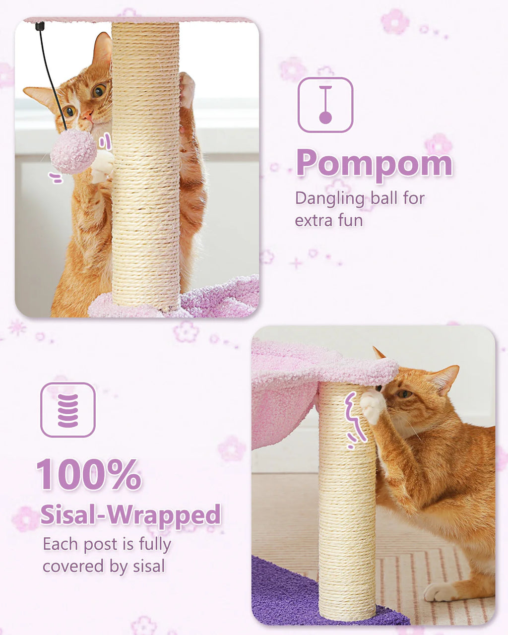 Flower Cat Tree with Sisal Scratching Posts & Large Hammock – Compact Indoor Cat Tower with Soft Top Perch for Kittens