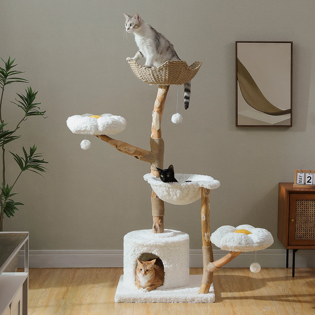 Luxury Multi-Level Flower Cat Tree Tower with Wicker Basket Bed & Solid Wood Scratching Posts