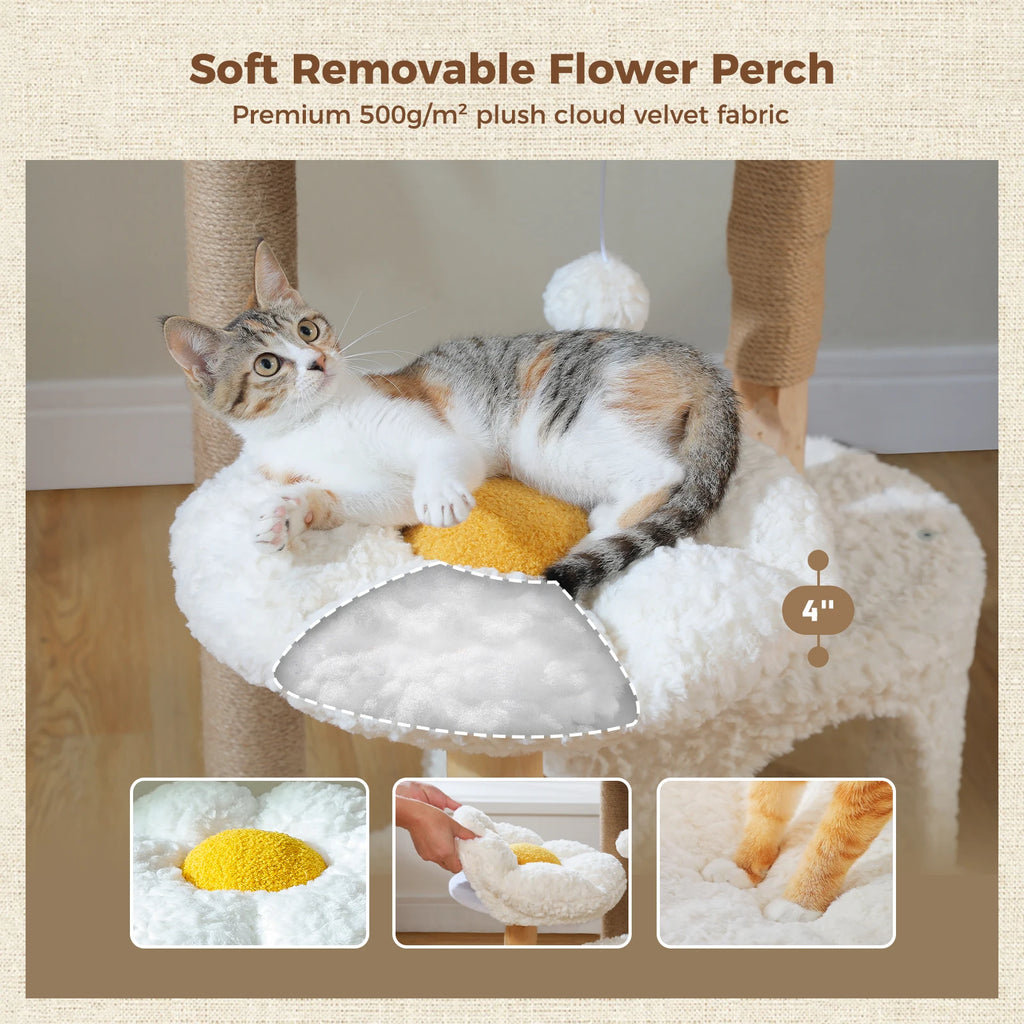 Modern White Cat Tree Tower (Flower Bed + Hammock + Condo) – 123cm