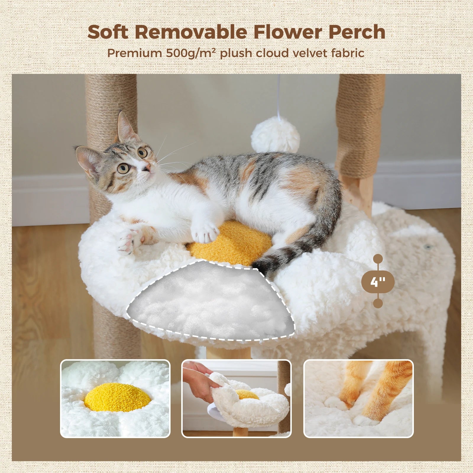 Modern White Cat Tree Tower (Flower Bed + Hammock + Condo) – 123cm
