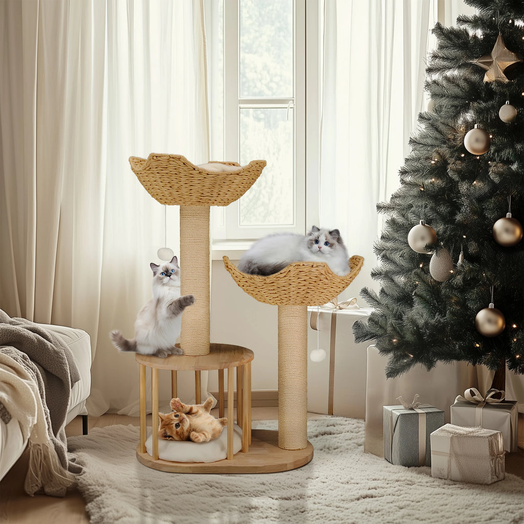 3-Tier Natural Wood Climbing & Rest Tower for Indoor Cats