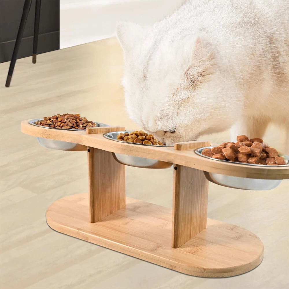 15° Tilted Raised Triple Cat Feeder with Stainless Steel Bowls & Wooden Stand