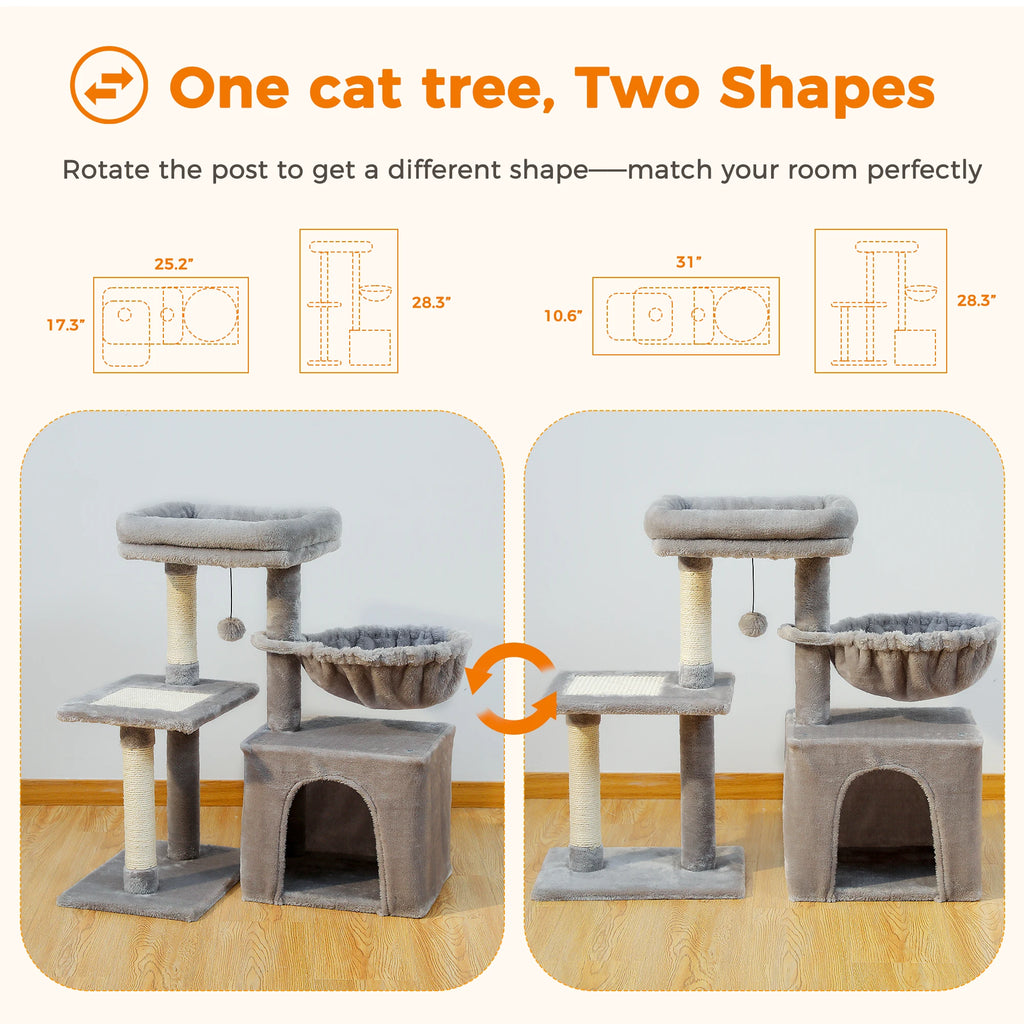Small Cat Tree Tower with Sisal Scratching Ramp, Condo, Hammock & Top Perch