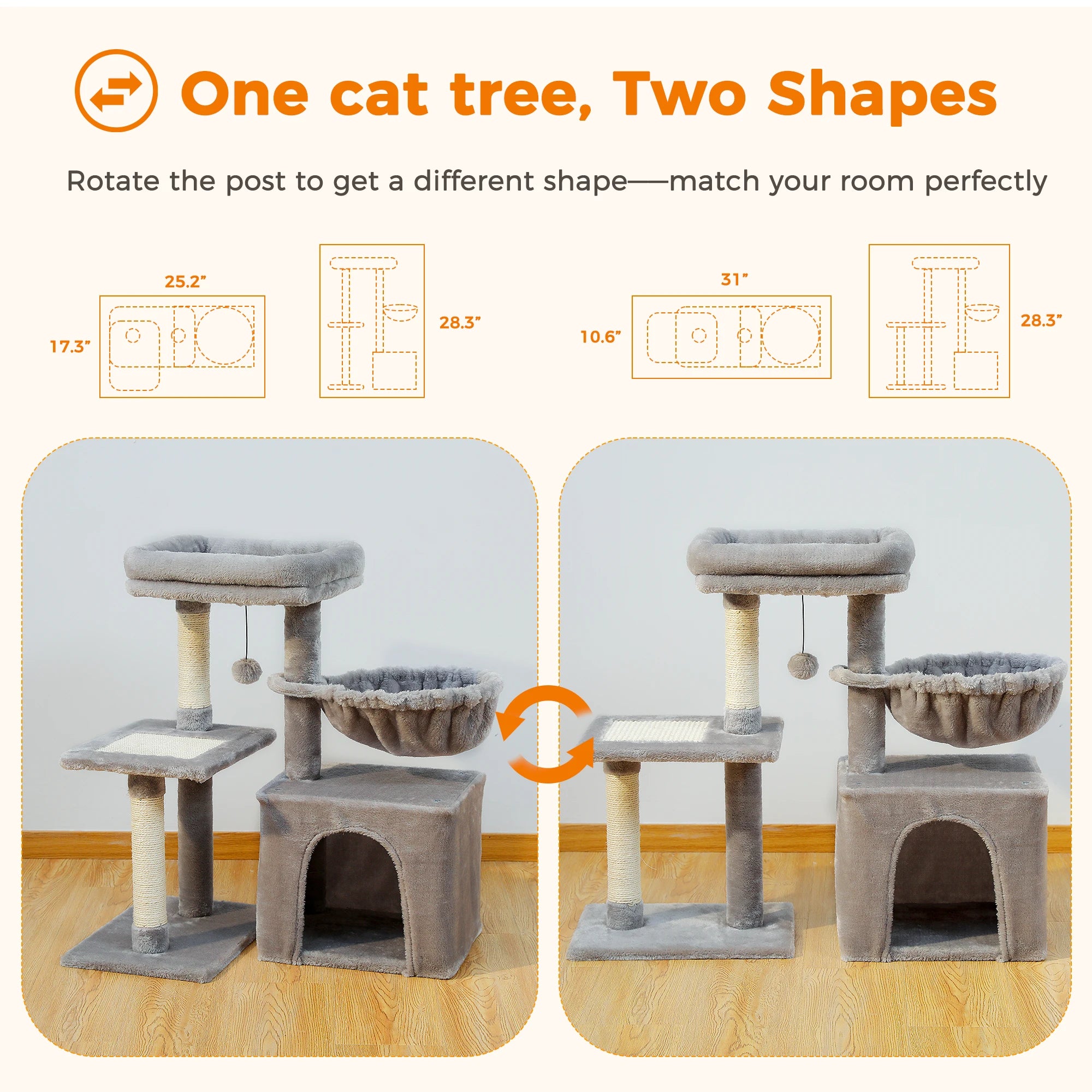 Small Cat Tree Tower with Sisal Scratching Ramp, Condo, Hammock & Top Perch