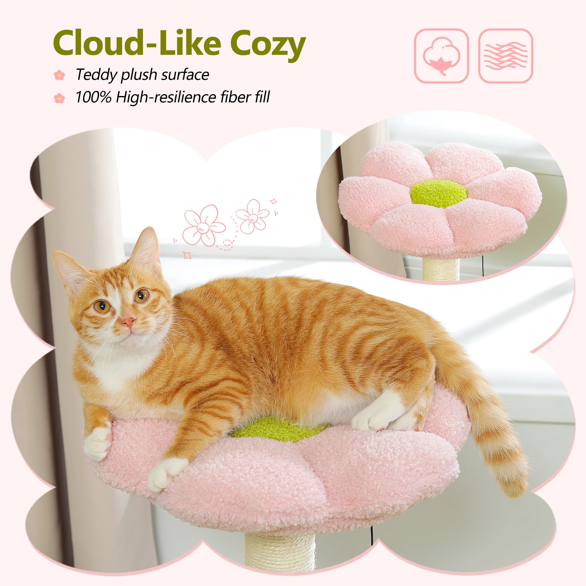Flower Cat Tree with Sisal Scratching Posts & Large Hammock – Compact Indoor Cat Tower with Soft Top Perch for Kittens