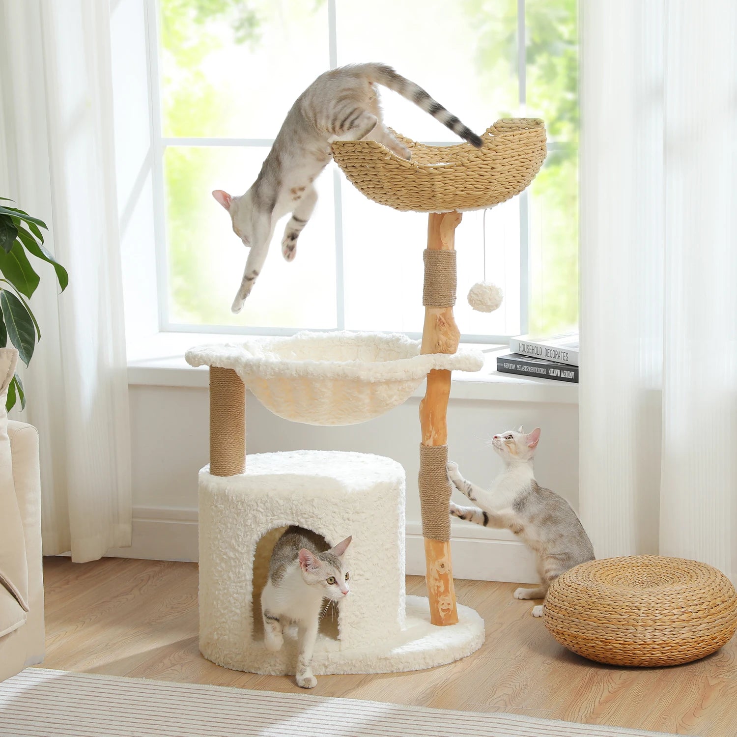 Modern Natural Wood Cat Tree with Wicker Basket & Deep Hammock – Luxury Indoor Cat Tower with Spacious Condo