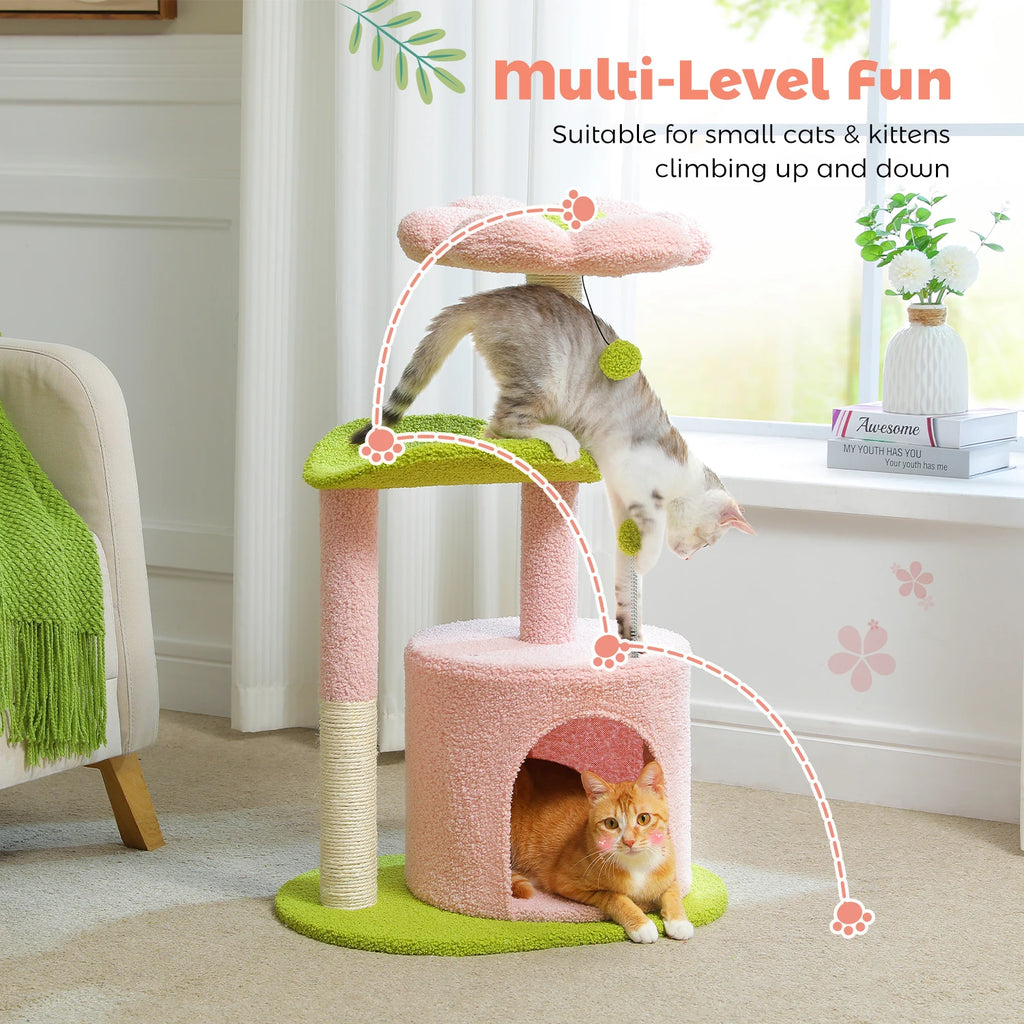 Flower Cat Tree Tower (84cm) – Condo, Sisal Scratching Posts, Plush Perches & Hanging Balls