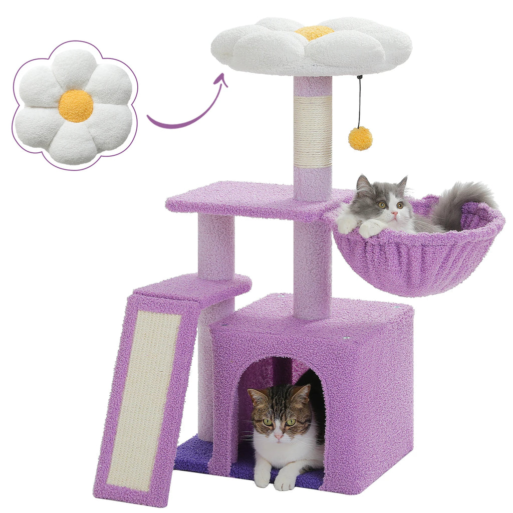 Small Cat Tree Tower with Sisal Scratching Ramp, Condo, Hammock & Top Perch
