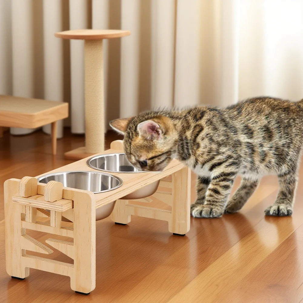 Adjustable Elevated Wooden Pet Bowl Stand with Stainless Steel Bowls