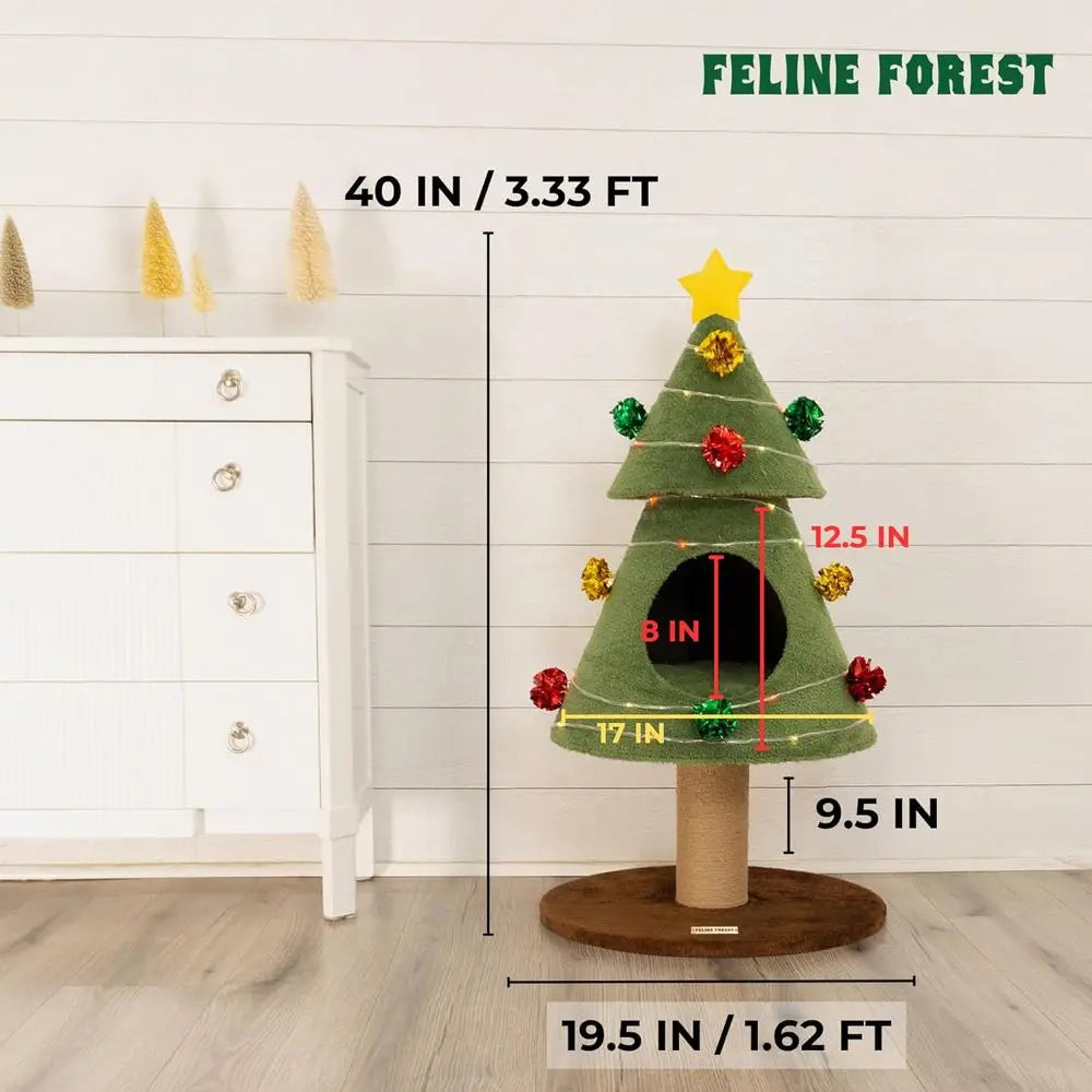 Cat-Friendly Christmas Tree Cat Tower (40” Tall, LED Lights, Scratch & Cozy Cushion)