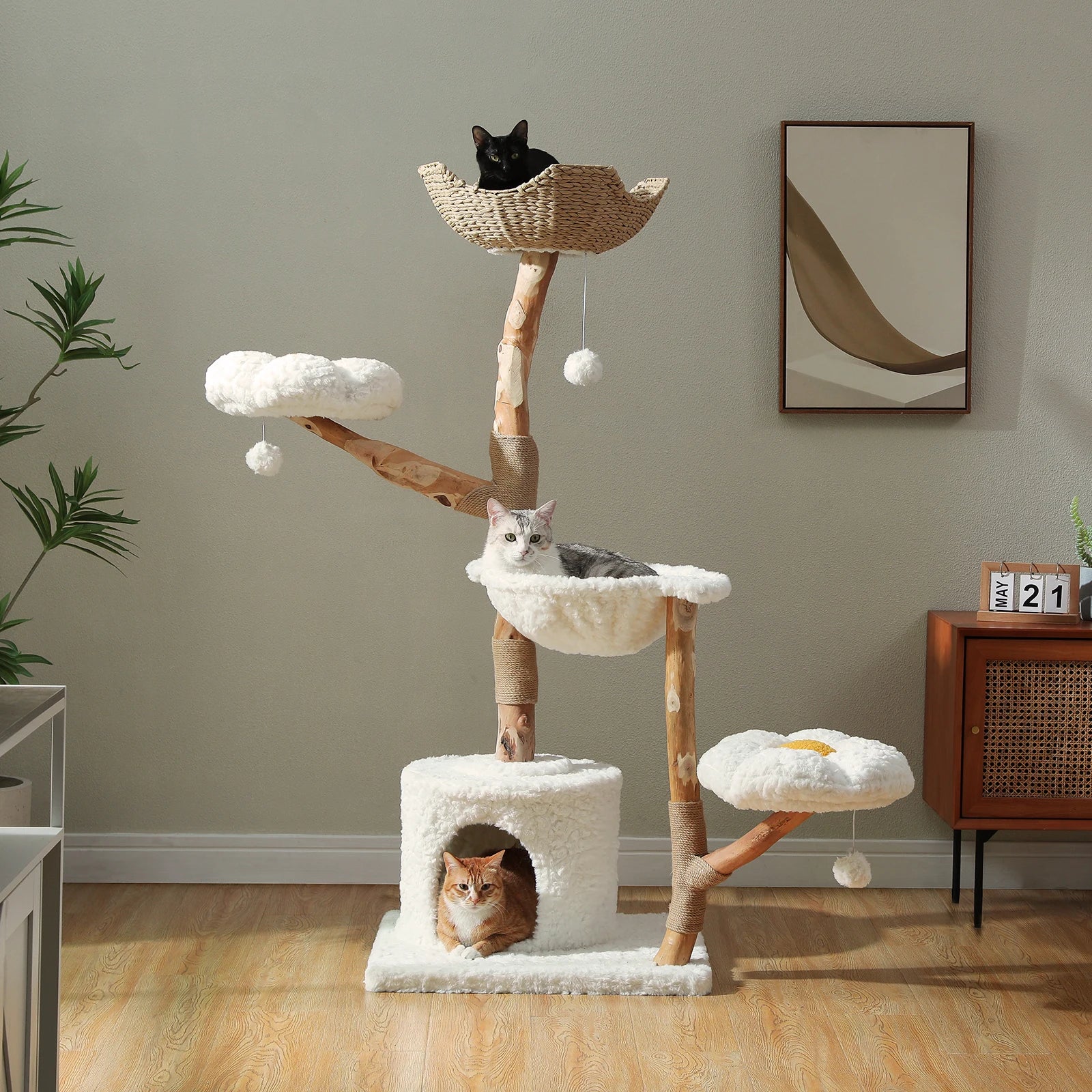 Luxury Multi-Level Flower Cat Tree Tower with Wicker Basket Bed & Solid Wood Scratching Posts