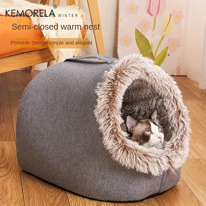 KEMORELA Winter Cat Bed – Self-Warming Cozy Cave House for Indoor Cats & Small Pets, Soft Plush Kennel Hut with Non-Slip Base