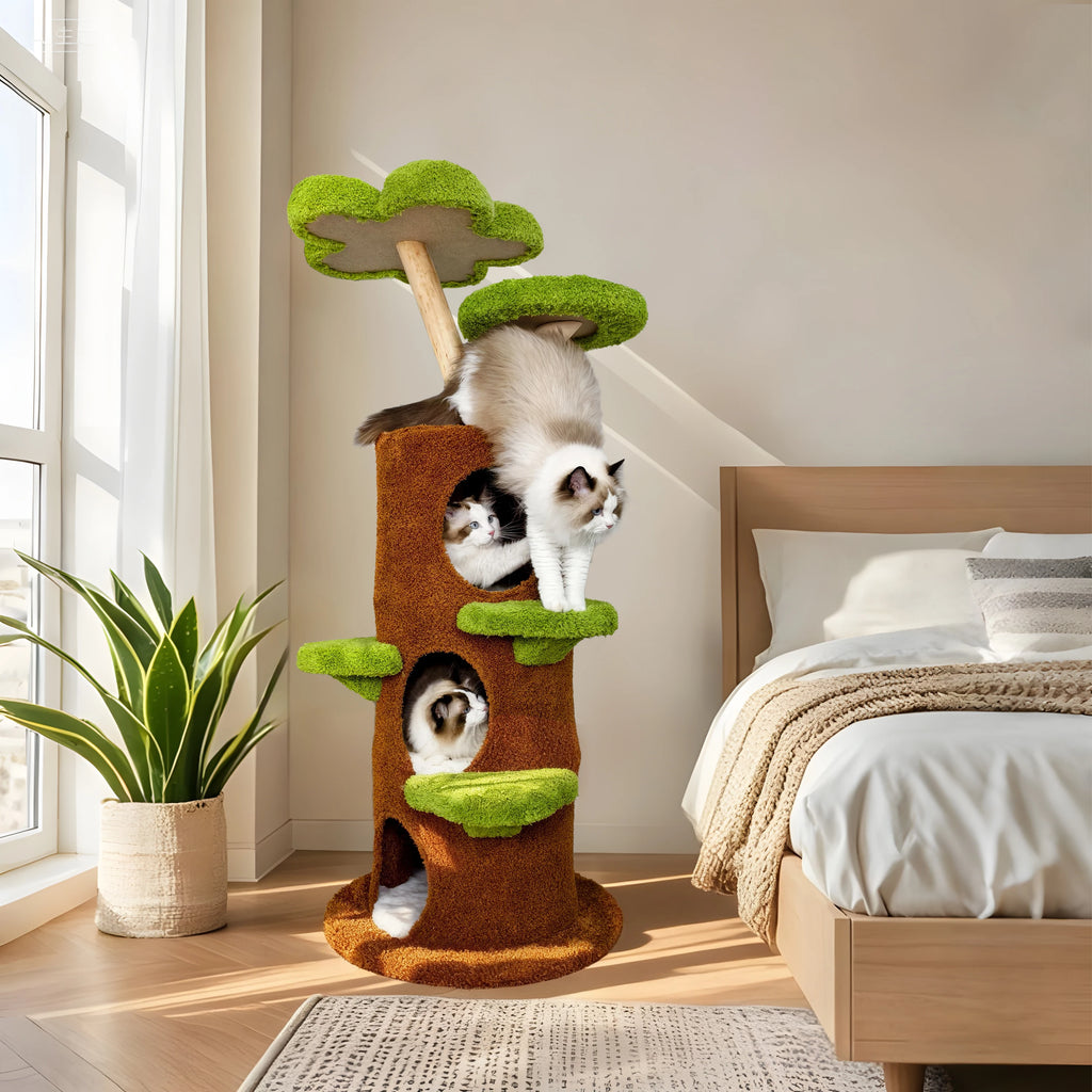 BINGOPAW 58” Tall Cat Activity Tree (Flower Platforms + Plush Condo + Sisal Scratcher)