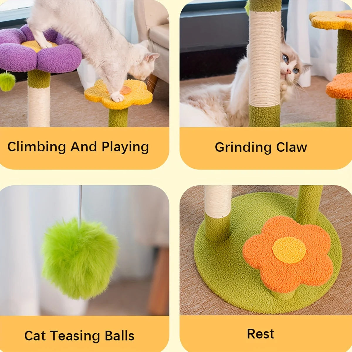Flower Cat Scratching Post & Climbing Playstand – 3-Level Sisal Rope Scratcher with Plush Base (Indoor Cats)