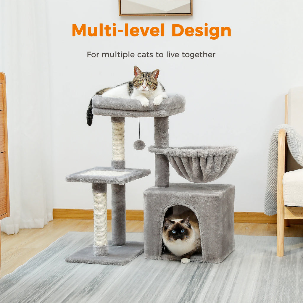 Small Cat Tree Tower with Sisal Scratching Ramp, Condo, Hammock & Top Perch