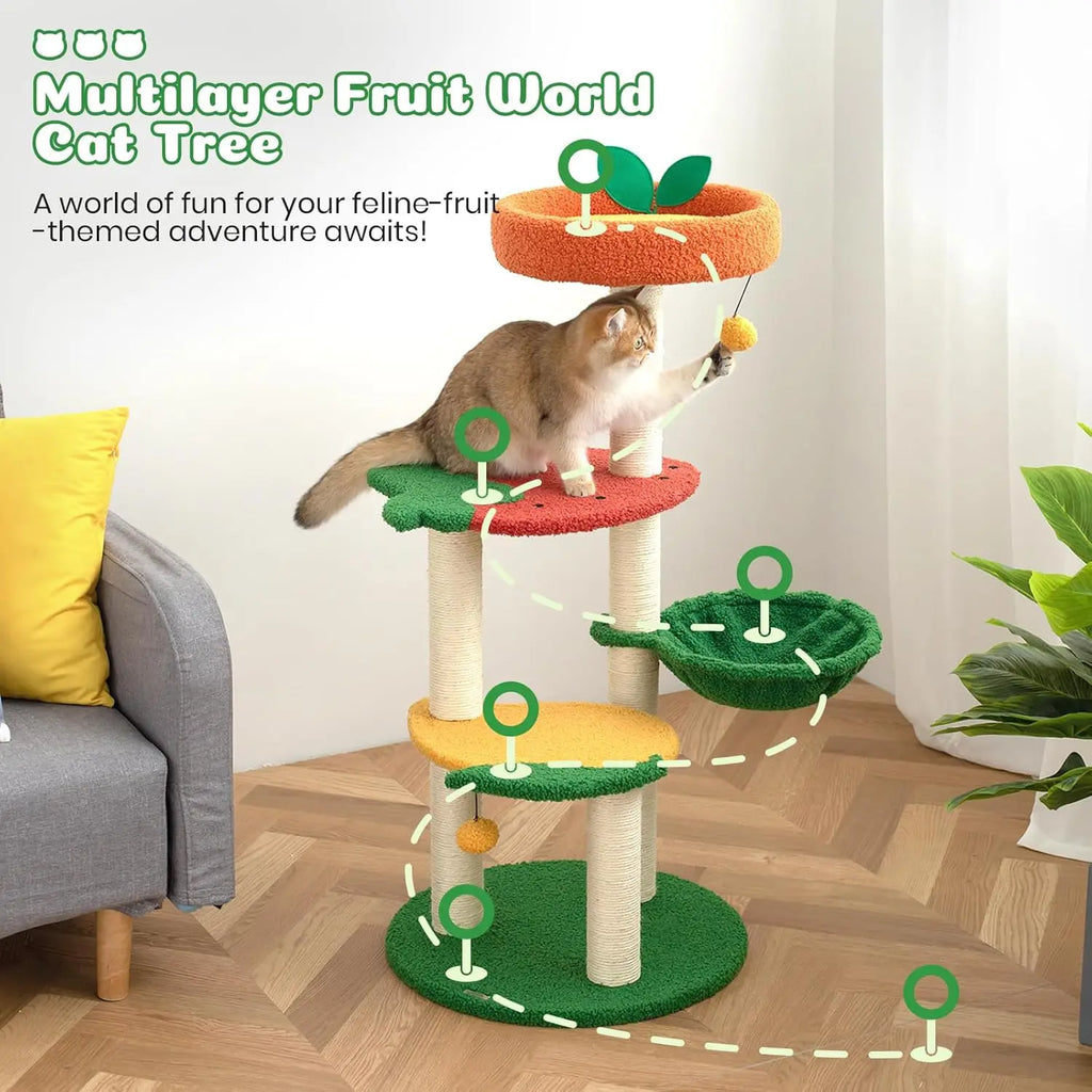Fruit World Cat Tree Tower (40.5") – Strawberry Plush Perches, Cozy Basket Hammock & Sisal Scratching Posts