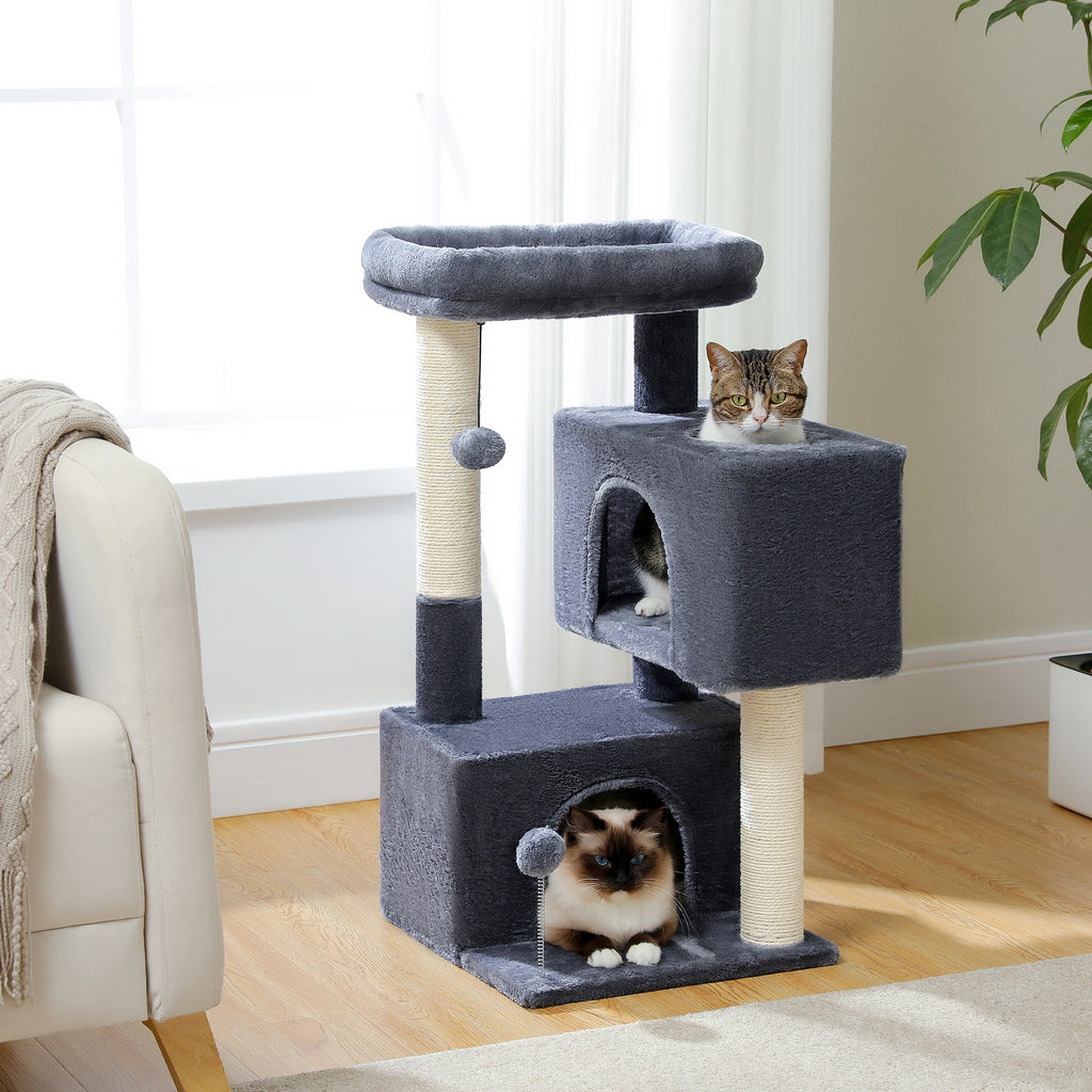 Small Cat Tree Tower with Sisal Scratching Ramp, Condo, Hammock & Top Perch
