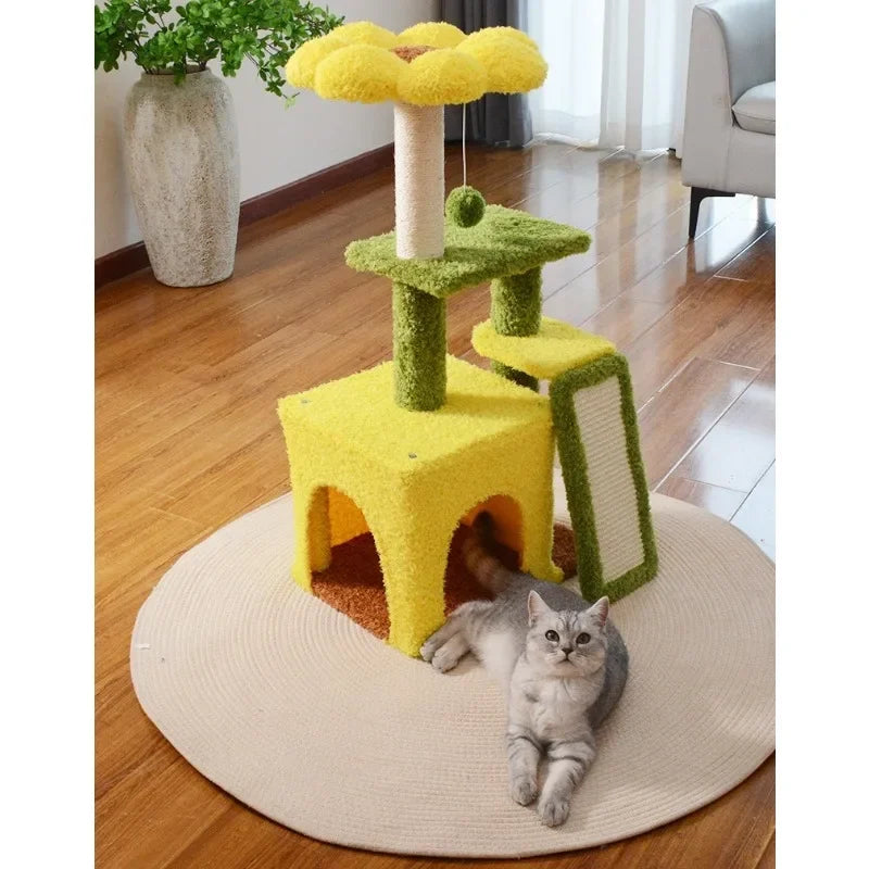Sunflower Cat Tree Tower – Plush Velvet Cat Condo, Cozy Nest, Scratch Post & Flower Perch