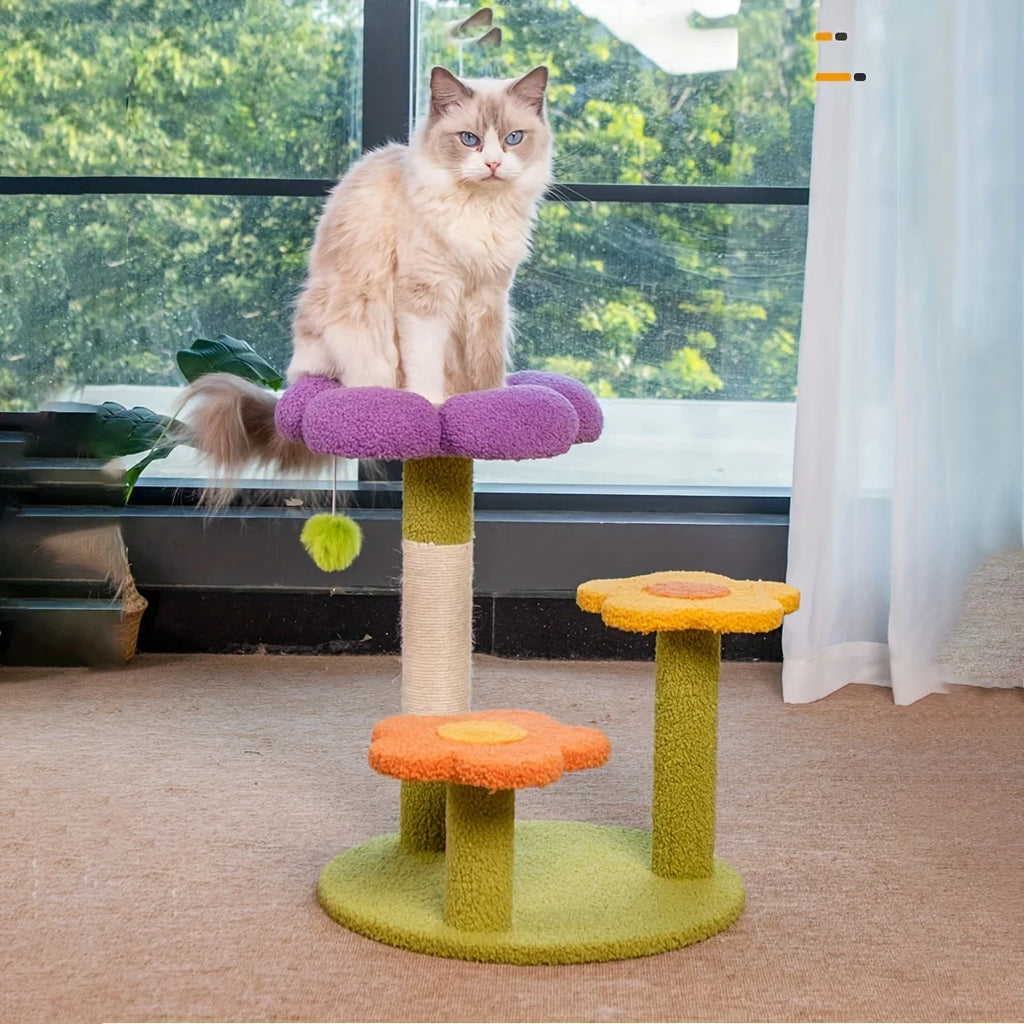 Flower Cat Scratching Post & Climbing Playstand – 3-Level Sisal Rope Scratcher with Plush Base (Indoor Cats)
