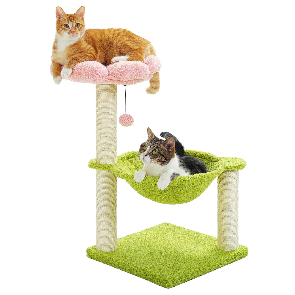 Flower Cat Tree with Sisal Scratching Posts & Large Hammock – Compact Indoor Cat Tower with Soft Top Perch for Kittens